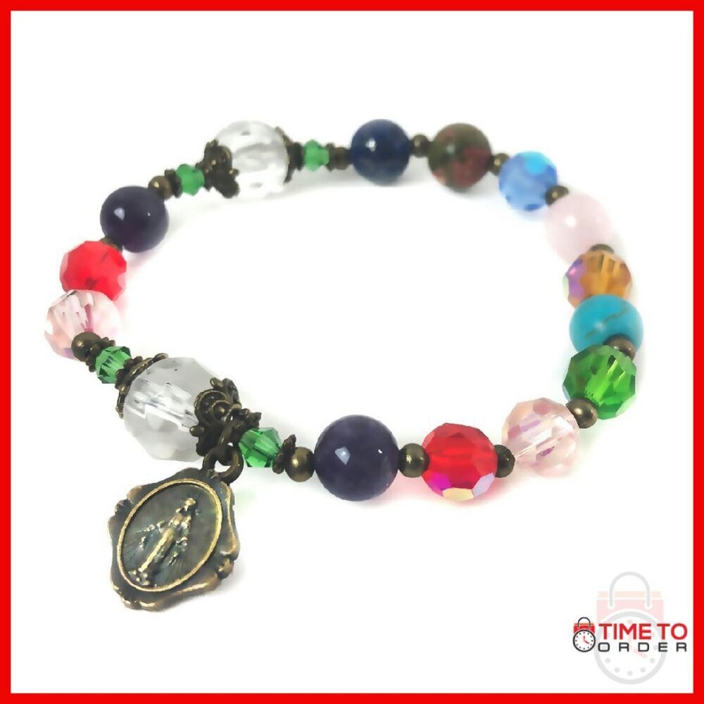 Genuine Stone Crystal Rosary Bracelet Virgin Mary Medal Charm